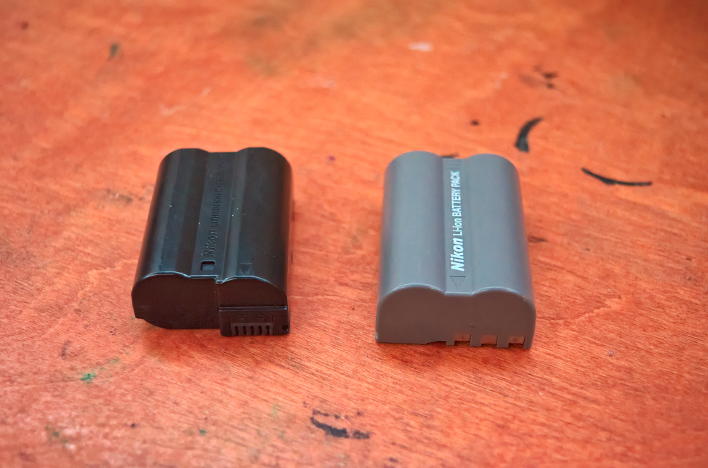 An EN-EL3e battery, on the right, and an EN-EL15, on the left. The two obviously are not compatible
