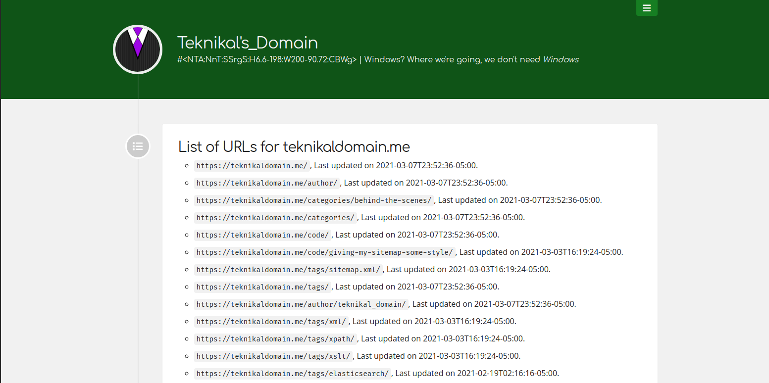 A screenshot of this blog, of a page titled &ldquo;List of URLs for teknikaldomain.me&rdquo;, the finished output of this entire thing